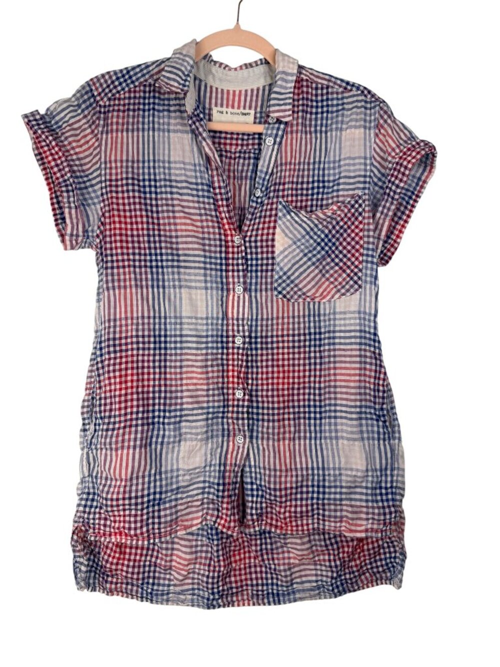 Rag & Bone Plaid Short-Sleeve Button-Down Blouse- Red/White/Blue- S- MSRP $220